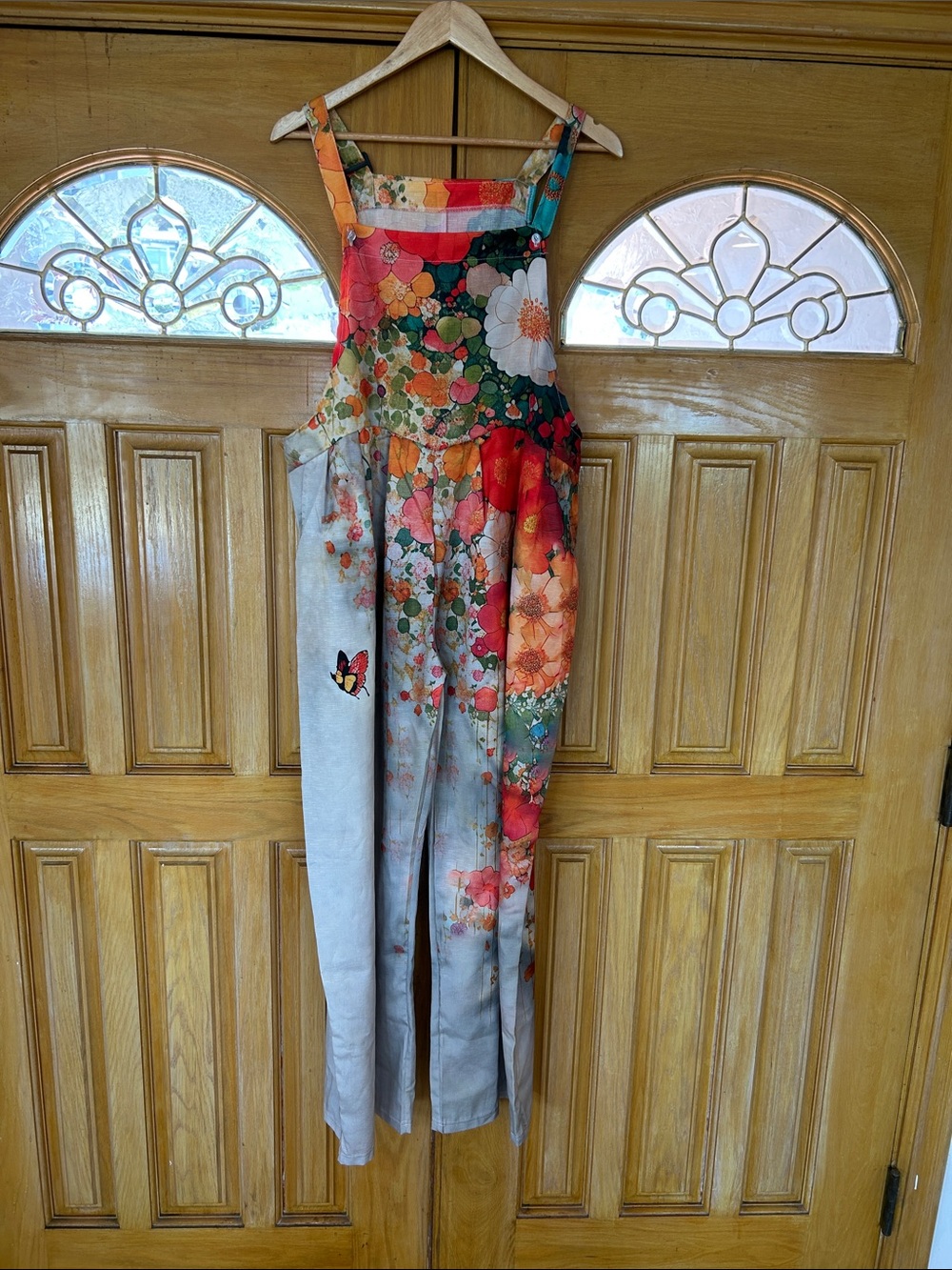 Floral Multicolor Rayon Overalls with Butterfly Accent